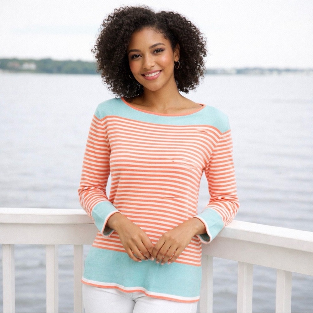 SAIL TO SABLE Coral and Aqua Blue Striped Pullover Sweater Women's Size M